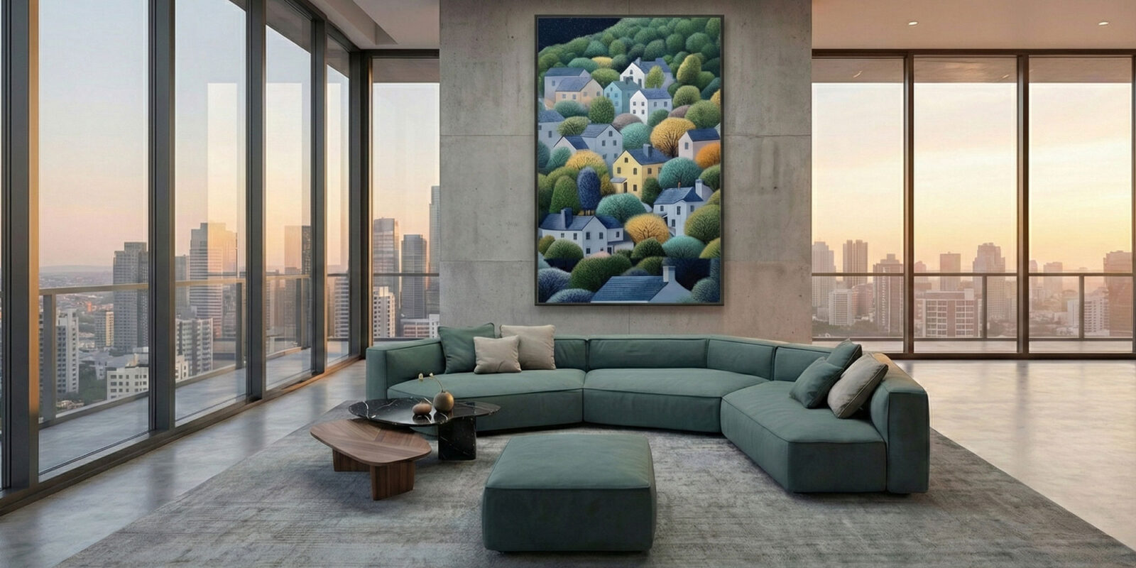 Abstract painting in soft pastels displayed on a bedroom wall