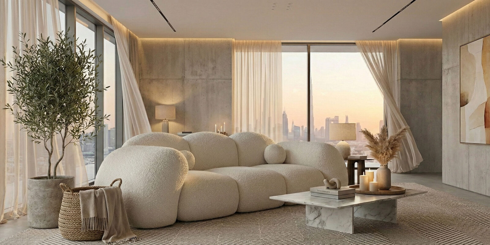 Abstract painting in soft pastels displayed on a bedroom wall